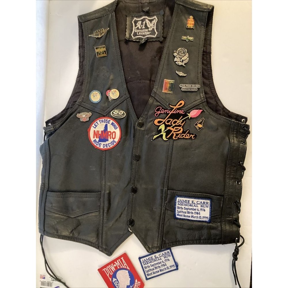 A-1 Black Biker Ladie’s Size 36 Leather Vest Pins /Patches Side Lace Up W/Snaps